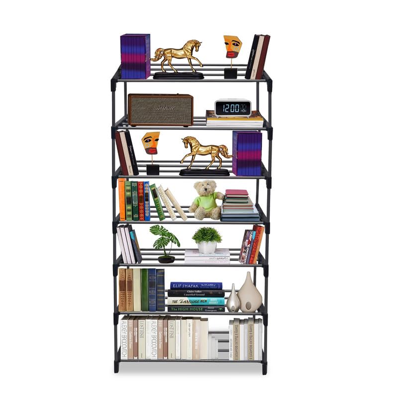 7 Layers Bookshelf, Bookcase Shelf Storage Organizer, Modern Book Shelf for Bedroom, Living Room and Home Office, Vintage(Blue & White, Metal)-image-15
