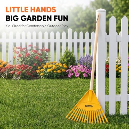 Image of Pack of 12 Kids Rake with Hardwood Handle, Durable Plastic Head to Sweep Leaves in Lawn and Tidying Up The Garden, 34 inch (Yellow)