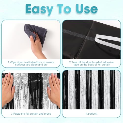 Image of Voircoloria 2 Pack Black and Silver Tinsel Foil Fringe Curtains, Black White Party Decorations, Metallic Tinsel Party Streamers Backdrop for New Years Birthday Christmas Graduation Decorations