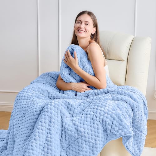 Image of Fleece Weighted Blanket for Adults 60 inch x 80 inch 20lbs Fuzzy Blankets Blue | Soft Queen Size Sherpa Weighted Blankets, 3D Imitation Turtle Shell Warm Jacquard Flannel Heavy Blanket for Couch and Bed