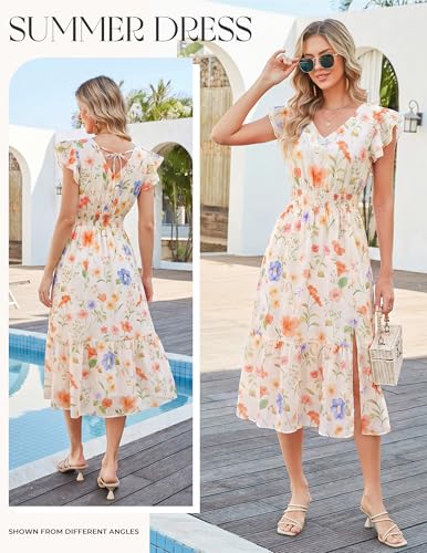 Image of GRACE KARIN 2026 Womens Summer Dresses V Neck Ruffle Sleeve Floral Boho Beach Dress A-Line Swing Midi Wedding Guest Sundress