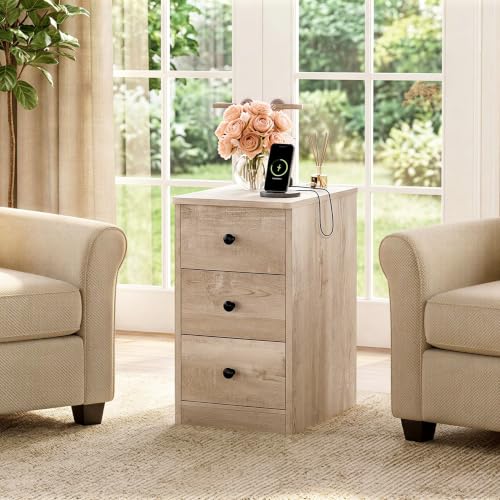 Image of LIKIMIO Nightstand with Charging Station, 3 Drawers Modern for Bedroom