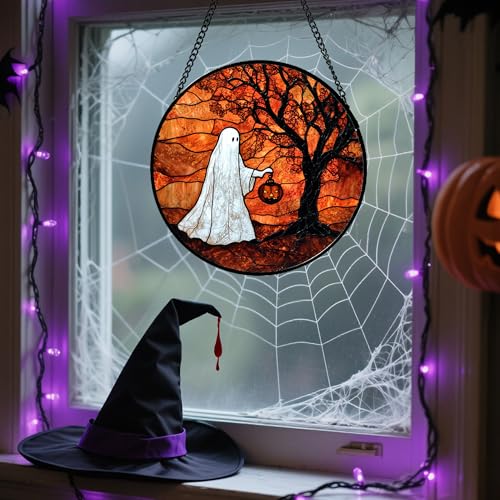 Image of Stained Glass Window Hanging - Halloween Ghost Holding A Pumpkin Lantern Suncatcher for Door Garden Spooky Tree Sun Catchers Gothic Decorations Horror Gifts for Women Men Friend 9.8 in