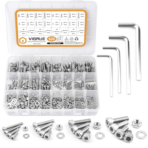 VIGRUE 520Pcs 304 M3 M4 M5 M6 Stainless Steel Bolts Nuts Washers Kit, Hex Socket Head Cap Screws Assortment Set Kit with Storage Box