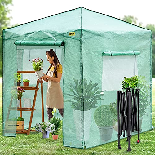 VEVOR 8'x 6'x 8' Pop-Up Greenhouse, Set Up in Minutes, Portable Greenhouse with Doors & Windows. High Strength PE Cover & Powder-Coated Steel Construction