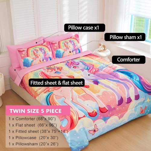 Image of Twin Comforter Set for Girls 5 Piece Purple Rainbow Unicorn Bedding Set for Girls Super Soft Microfiber Bed Set Bed in a Bag with Comforter Sheets Pillowcase & Sham (5 Piece Twin Size)
