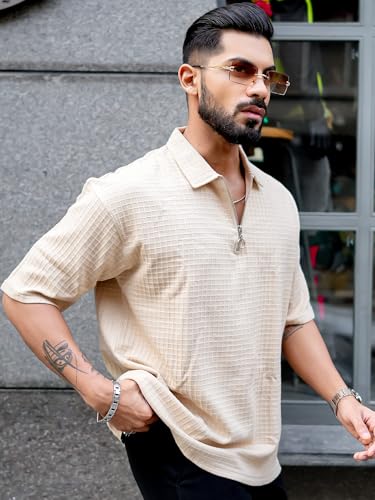 Image of Maniac || Mens || Solid Textured || Polo Neck || 3 /4th Sleeve || Cotton || Oversized Polo T-Shirt