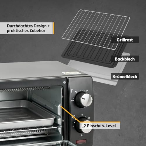 TZS First Austria - Minibackofen 10L 800W - Mini Backofen stufenlose Temperaturregelung bis 230°C - Miniofen 60 Min. Timer, 2 Einschubhöhen, Backblech & Grillrost - Für kleine Küchen & Camping – Bild 5