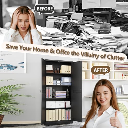 Image of Black Metal Storage Cabinet, 71 inch Kitchen Pantry Cabinets for Office