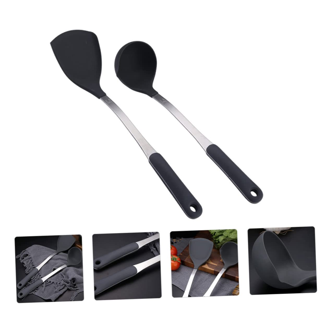 1 Set Pfannenwender, Haushaltswerkzeuge, Pfannenwender, Silikon-Küchenutensilien, Silikon-Wokwender, Wok-Utensilien, Ölschöpfkelle, Löffel, Spatel, Kochutensilien (schwarz, 37 x 9,5 x 5 cm)