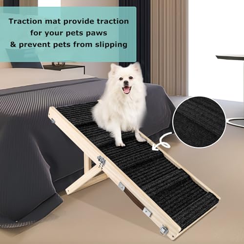 Umtiti Haustierrampe aus Holz, zusammenklappbar, tragbar, 4 Stufen, verstellbar, 22,9 cm bis 43,9 cm, mit Rutschfester 5 Pfoten-Traktionsmatte für kleine, mittelgroße Hunde.Dog Ramps-BK,DE