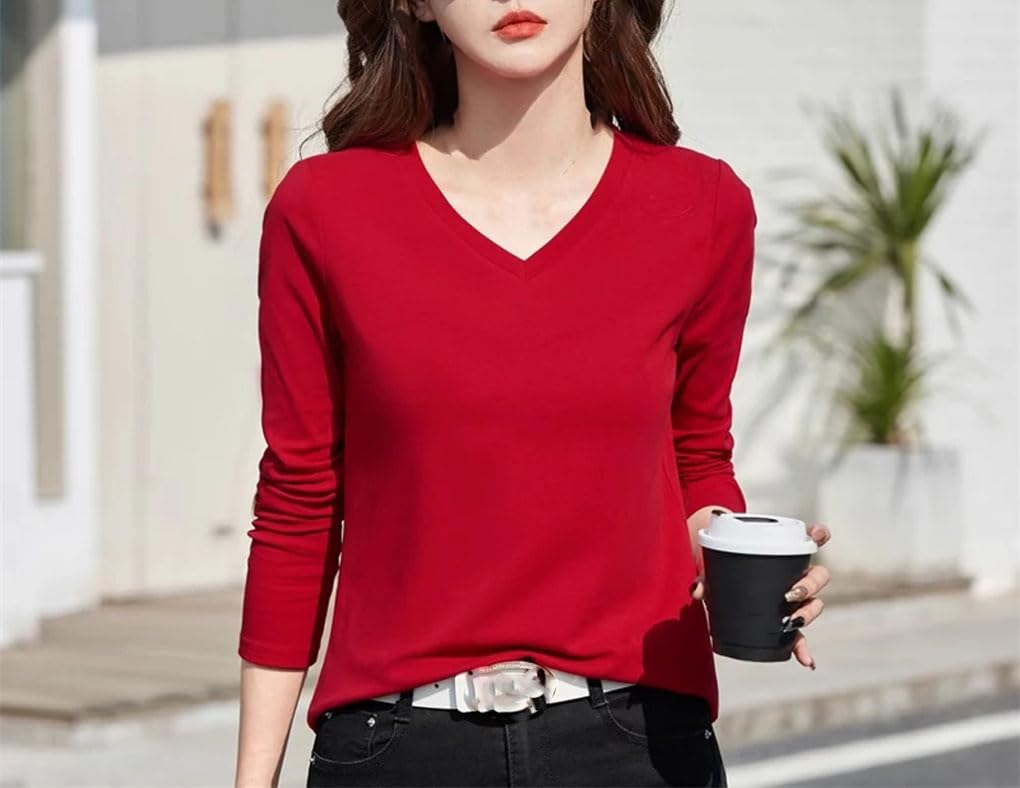 Camiseta de manga larga de algodón para mujer, cuello en V, informal, holgada, para oficina, color liso
