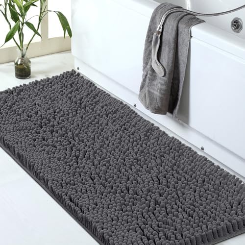 Bathroom Rugs Mat Non Slip Chenille Long Grey Bath Runner Rugs with ...