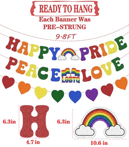 Image of Pre Strung Happy Pride Peace Love Banner Pride Month Decorations, Glitter Rainbow Sign for LGBTQ+ LGBT Party Lesbian Gay Bisexual Transgender Celebration Office Home Indoor Photo Props Backdrop Decor