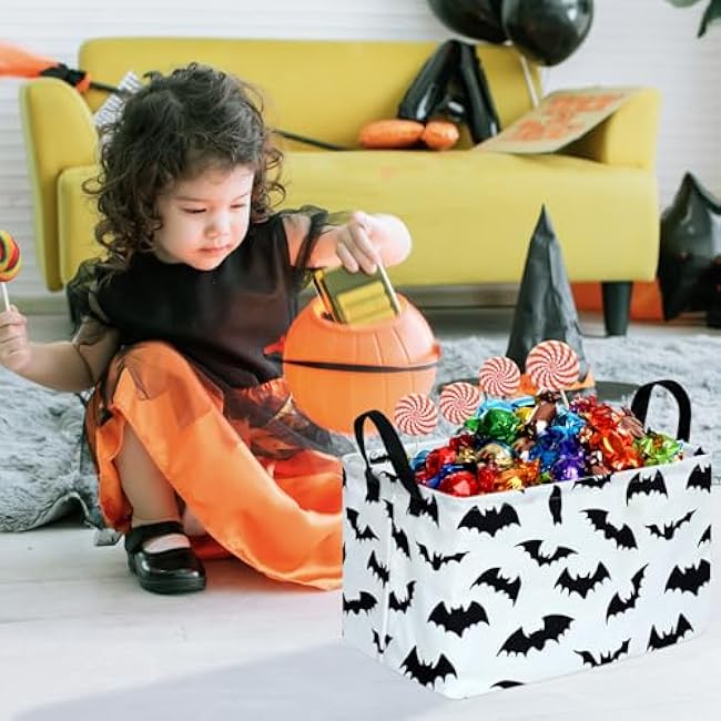 KUNRO Bat Pattern Halloween Storage Gift Basket Canvas Storage Bins with Handles Rectangle Storage Cubes Organizer for Bedroom Living Room