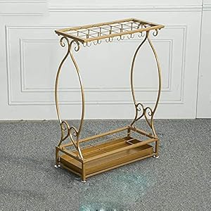 ZJYWMM IJzeren paraplustandaard, paraplurek met druppellade en haak, voor opslag verschillende soorten paraplu’s, hotelkantoor (kleur: goud, maat: S)