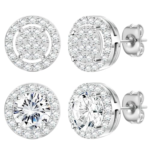 Image of NEWITIN 2 Pairs Silver Stud Earrings for Women Hypoallergenic Earring Stainless Steel Inlaid Cubic Zirconia Studs Earring Diamond Halo Stud Earrings for Women Men