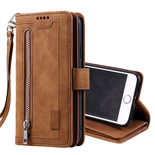 Ueebai Wallet Case For Iphone 7 Plus Iphone 8 Plus, Retro 9 Card Slots Zipper Pocket Handbag Case Pu Leather Magnetic Closure Kickstand With Wrist Strap Tpu Flip Case - Brown #TOP7
