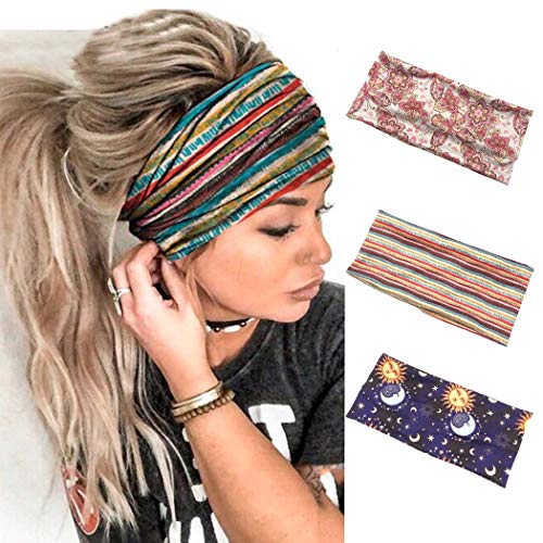 Sethain Vintage Wide Elastic Headband Stripe Printing Bandana Hairband Stretchy Yoga 3Pack Headwear For Women and Girls