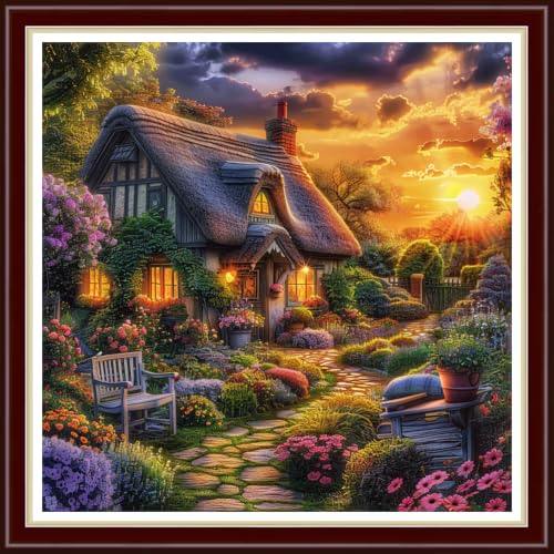 Image of Fanxvivy Stamped Cross Stitch Kits for Beginners Full Range of Cross Stitching Preprinted Embroidery Kits for Adults, 11CT Embroidery Pattern Needlepoint Kits-Sunrise Garden 18x18 inchs