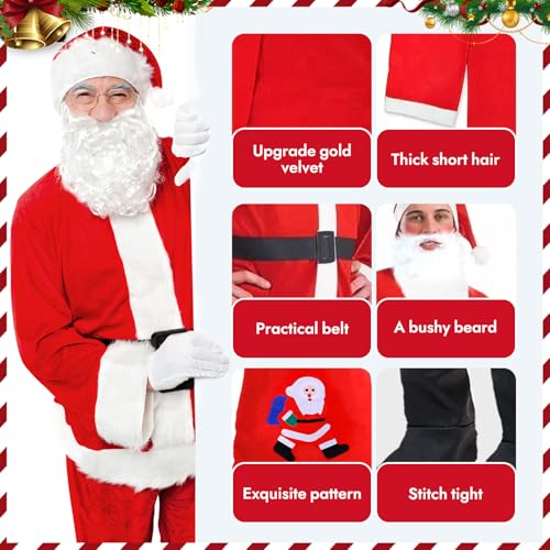 Weihnachtsmann Kostüm für Herren, 7-Teiliges Weihnachtsmann Kostüm für Erwachsene, mit Nikolaus Bart, Mütze, Schuh, Kleidung, Hosen, Gürtel und Geschenktüten, für Weihnachten Weihnachtsfeier Cosplay