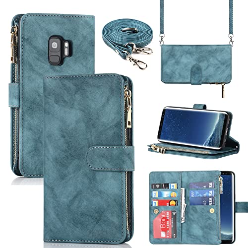 SailorTech Leather Case Crossbody Case for Samsung Galaxy S9 Flip Case Folio Cover with Card Slots Magnetic Buckle Zipper Wallet Case with Adjustable Necklace Strap Lanyard Cases Blue