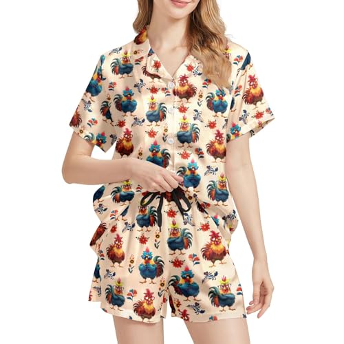 Image of Silk Satin Pajama Set for Women Summer Lounge Pjs Sets 2 Piece Suit Ladies Button Down Tops And Shorts Sleepwear