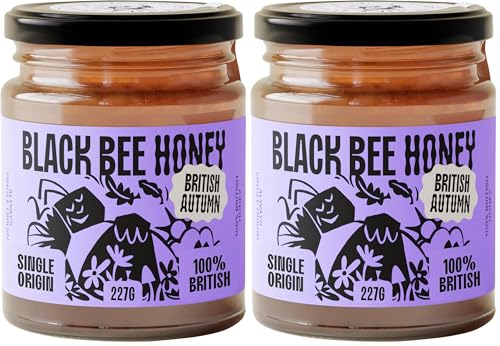 Image of Black Bee Honey - Pure British Autumn Raw Honey, Thick with Bold Aromatic Flavours, Unprocessed, Single Source from Hive to Jar, Never Blended - Delicious on Toast, Soothing in Drinks, 227g Glass Jar