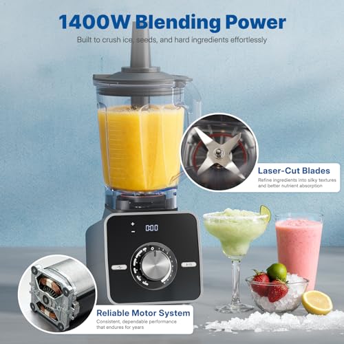 BlendTide Home Blender, 1400W High-Speed Blender for Ice Crushing Power, Stainless Steel Blades, Kitchen Timer, 10 Speeds, 6 Programs for Smoothies, Frozen Drinks, Self-Cleaning, 64oz Bulk Production