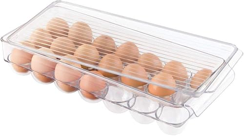 Miniatura 6 de iDesign - Soporte de plástico para huevos para refrigerador con tapa, contenedor de almacenamiento de 21 huevos, transparente y blanco