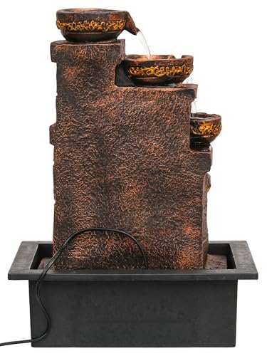 Image of CHRONIKLE Polyresin Designer Table Top Indoor Home Decor 4 Steps Waterfall Fountain with Yellow LED Lights & Water Flow Controller Pump (Size: 40 x 29.5 x 22CM | Weight: 2185grm | Color: Golden Brown)