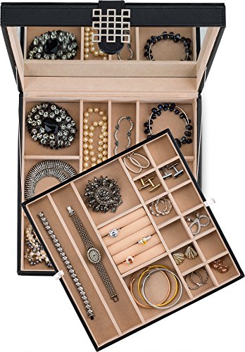 Glenor Co 28 Section Jewelry Box - 2 Layer - Buckle Snap & Magnet Closure - Large Mirror - Leather Design - Black - Jewelry Organizer For Women & Girls - Holder For Earring Ring Necklace & Bracelet #TOP4