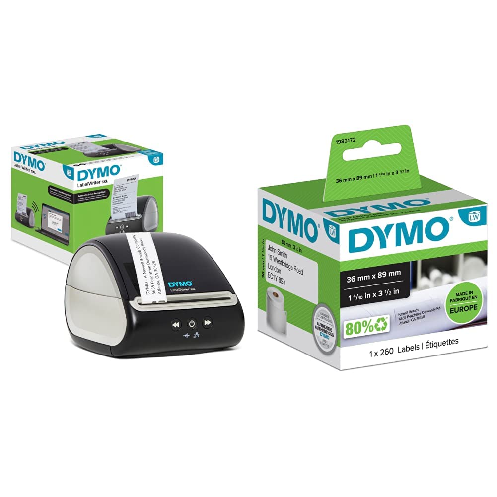 DYMO Etikettendrucker LabelWriter 5XL, EU-Stecker & Große LW-Adressetiketten | 36 mm x 89 mm | Rolle mit 260 Etikettenband | selbstklebend | für LabelWriter-Beschriftungsgeräte