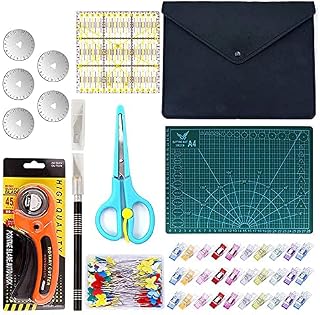 Queta Rotary Cutter Tool Kit Fabric Cutter Set Rotary Cutter 45mm Fabric Cutter with 5 Spare Blades, Cutting Mat,Patchwork Ruler,Precision Knife (Kit 2)