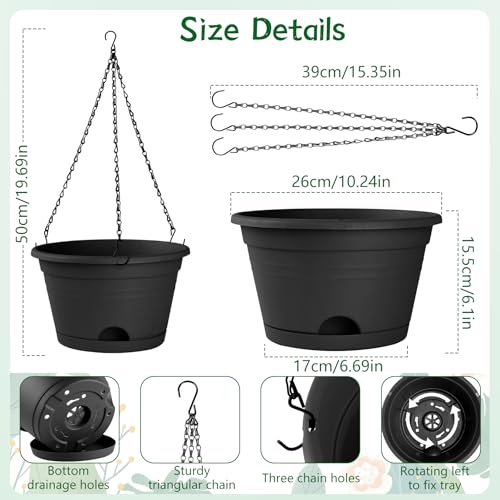 Nooulap 6 Pack Hanging Planters, 10 Inch Plant Pot with Hanger Chain & Drainage Trays, Hanging Baskets for Plants Outdoor Indoor, Hanging Flowers, Vegetables, Herbs (Black-6 Pack, 10 inch) — view 3