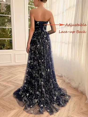 UZN Women's Sparkle Starry Tulle Prom Dresses Strapless Long Formal Evening Party Gowns with Slit - Image 3