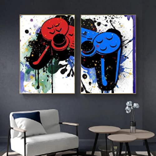 Peinture gamepad bleu rouge graffiti abstrait 50x70cm poster mural chambre