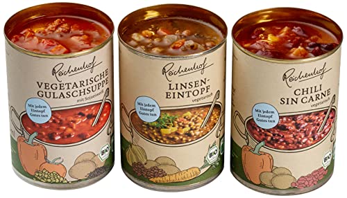 Reichenhof BIO-Eintöpfe 6er Box EASY VEGAN: Linsentopf(2X400g), Chili sin Carne(2X400g), Vegane Gulaschsuppe(2X380ml), 6er Pack