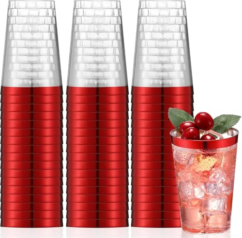 LATERN 50 Pezzi Bicchieri di Plastica Bordati in Rosso, 360ml Bicchieri di Plastica Tazze per Bevande Riutilizzabili Eleganti Bicchieri da Vino per Feste per Champagne Birra Cocktail Martini Soda