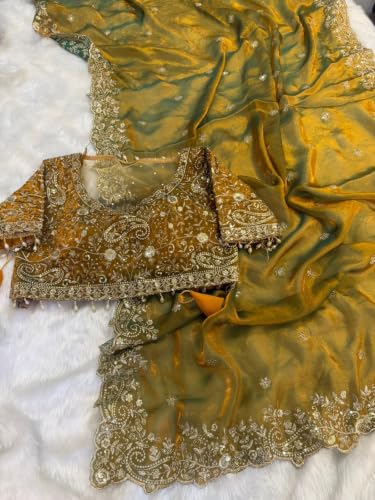 Image of DESTY Saree with Intricate Gold Embroidered Border & Designer Blouse