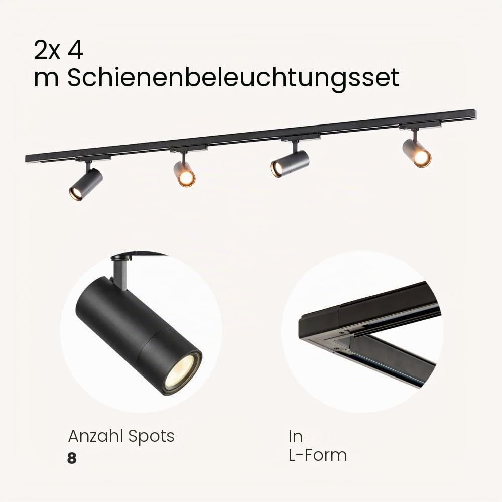 Qub Zoom LED Schienensystem – L-Form – 2 x 400cm – 8x Spots – 3-Phasen – Deckenstrahler Schwarz – Einstellbare Helligkeit 20W/25W/30W – Farbtemperatur 2700K/3000K/4000K (Warmweiß bis Tageslichtweiß)