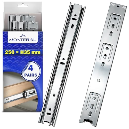 4 Pares Guias Correderas para Cajones con Rodamiento de Bolas 250 mm x H 35 mm - Rieles para Cajones Telescopicas de Extensión Total - Garantía de 10 Años - MONTERAL