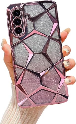 Image of VONZEE Gradient Glitter Case for Samsung A26, Luxury Electroplated 3D Cube, Diamond Bling Shiny Soft TPU Clear Shockproof Women Girls Protective Phone Cover (Rose Gold)