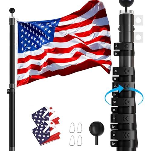 Hooomyai 25FT Telescopic Flag Pole Kit, 16 Gauge Heavy Duty Aluminum Telescoping Flagpole Kit, Outside House In Ground Flagpoles with 3x5 USA 2 Fly Flags & Black Ball Top for Residential, Black by Hooomyai - Used condition - US$66.91