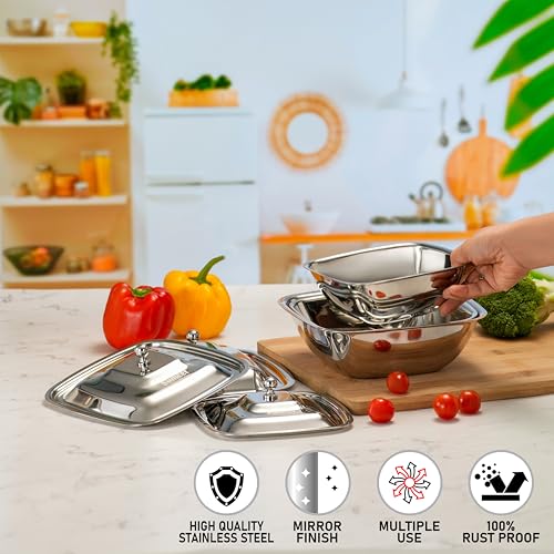 Image of Sumeet Stainless Steel Square Serving Bowl /Curry Bowl /Gravy Pot with lid, 600ml, 900ml & 1250ml capacity, 14.5cm, 17cm & 18.8cm Dia, Set of 3 Pcs, Silver