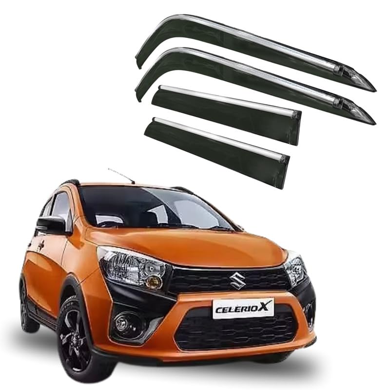 Image of CAR SAAZ Side Door Visors for Celerio X (2017-2021) (Set of 4Pcs)|Chrome Lined Rain Guards, Polycarbonate, Smoke Finish