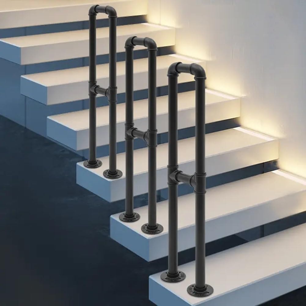 U-Shaped Staircase Handrail, Attic Safety Non-Slip Stair Railings, Industrial Style Wrought Iron Transitional Handrails for Garden, Yard, Deck, Garage(Black-3PCS,75CM/2.4FT)