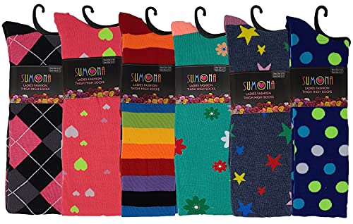 SUMONA 6 Pairs Pack Women Multi Neon Color Fancy Design Thigh High Over the Knee Socks Stockings2