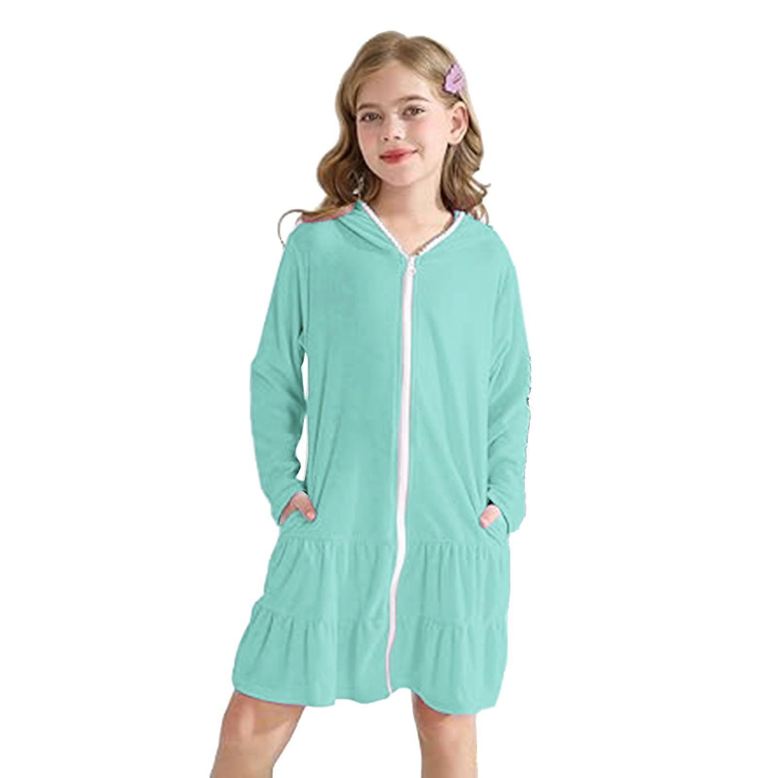 Badeponcho Kinder Reißverschluss Kapuze Cover Up mit Sonnenbrille Saugfähige Frottee Strandkleid Rüschen Gemütlich Strandtuch Sommer Mädchenkleid Langarm Bademode