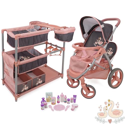 509 Crew 17 Piece Deluxe Twin Doll Play Set Doll Tandem Stroller Sleep and Feed Play Station 15 Piece Feed and Care Accessories for Two Dolls Play Set Ages 3+